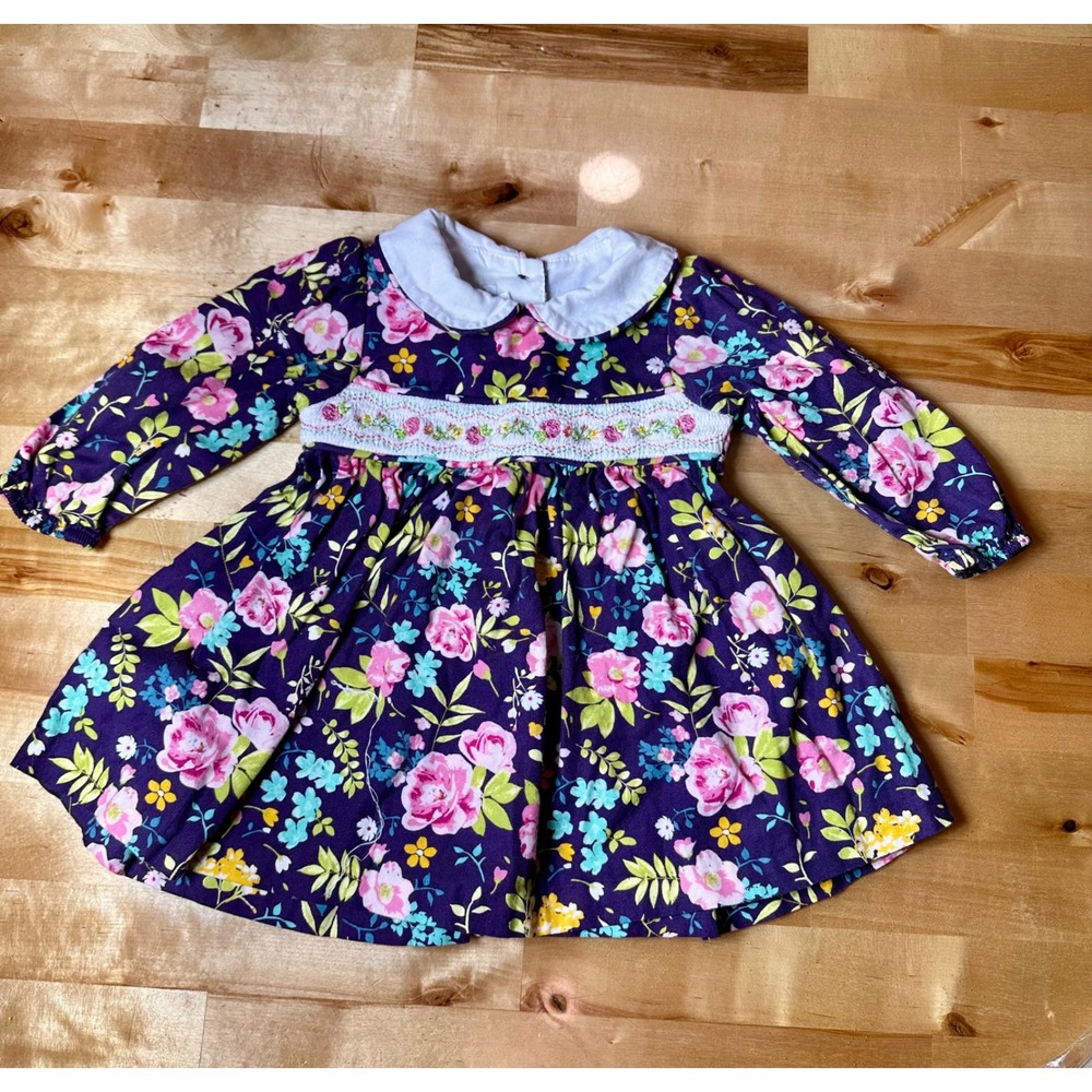 Iris & Ivy Floral Smocked Dress Baby Girls 3-6M Purple Vintage Cotton